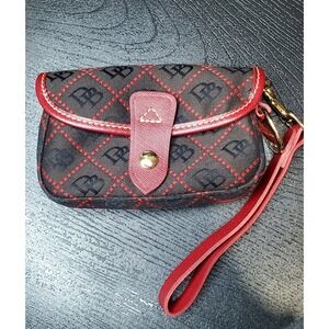 Dooney Bourke Wristlet Pouch Monogram Red Trim Canvas Gold Logo